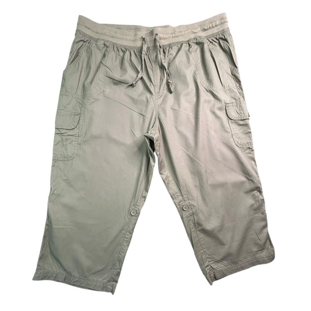 Woman Within Capris Womens Size 22W Green 100% Cotton Drawstring Roll-up Legs